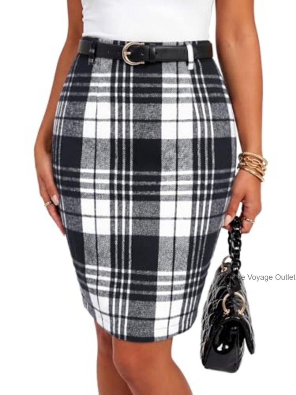 Women's Plaid Midi Pencil Skirt High Waist Stretchy Bodycon Work